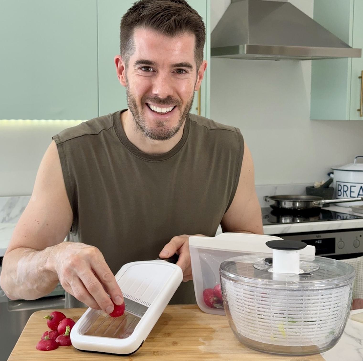 John Gregory Smith, British chef and author, using the OXO Good Grips Precision Handheld Mandoline . 