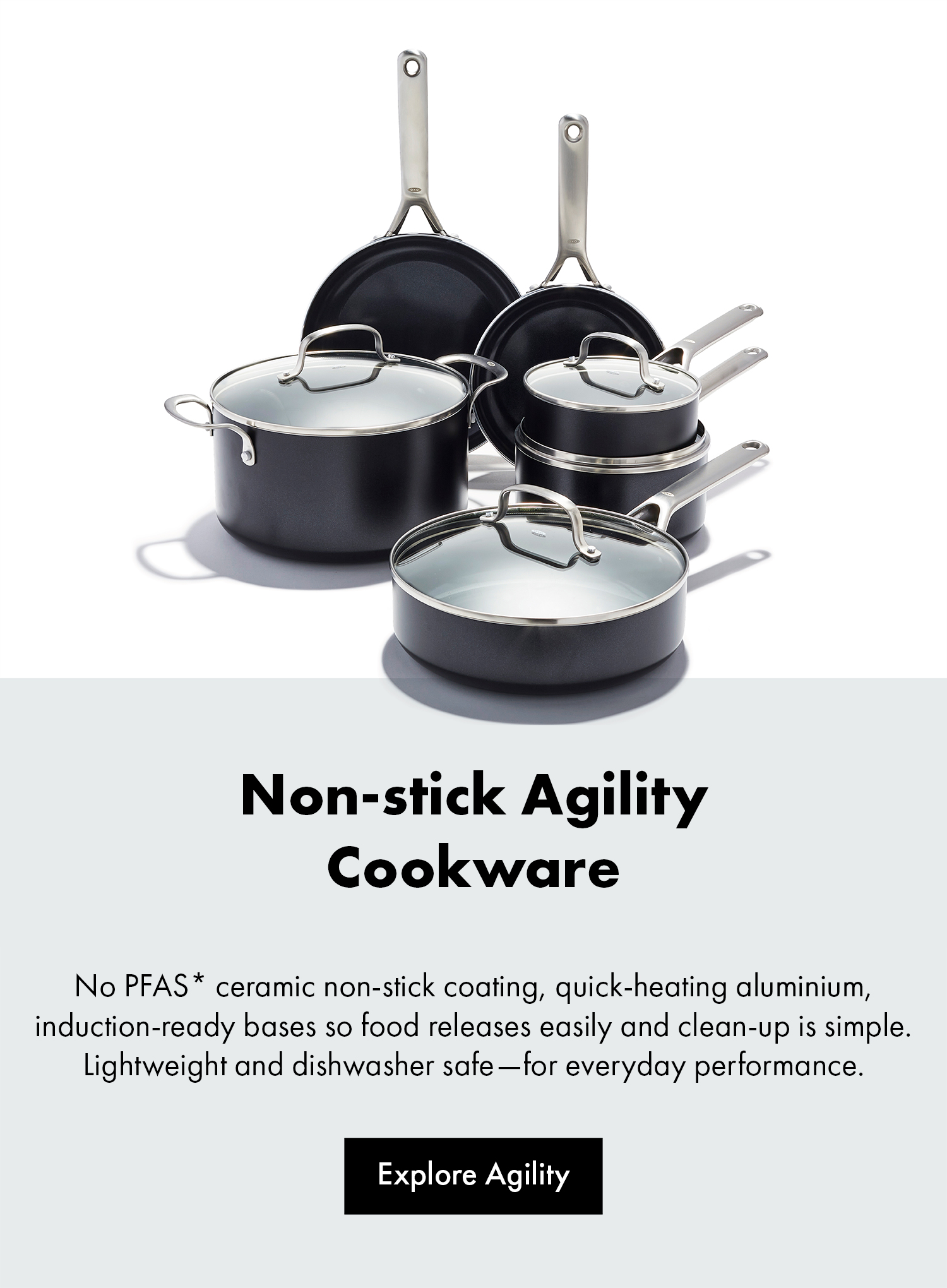 OXO Agility Non‑stick cookware set—frying pans, saucepans with lids and a lidded sauté pan in black with stainless‑steel handles.