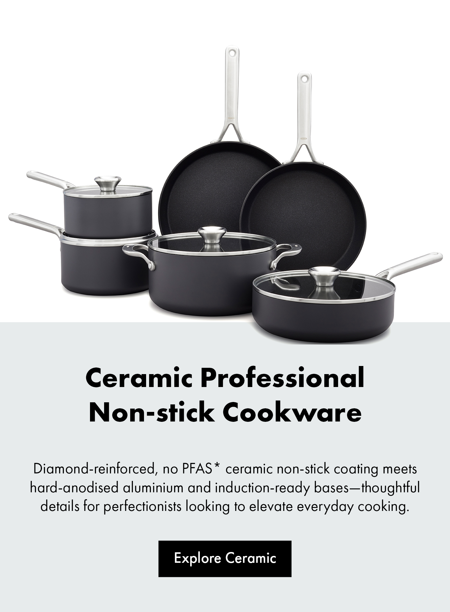 OXO Ceramic Professional Non‑stick cookware set—two frying pans, two saucepans with lids and a lidded sauté pan in matte black with stainless‑steel handles.